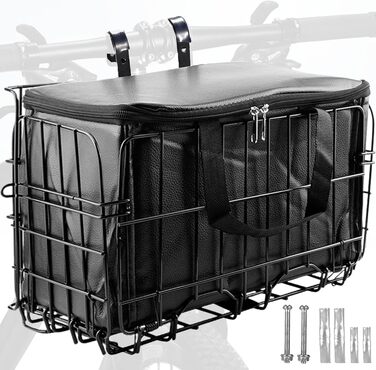 Складаний велосипедний кошик SUQ з чорною нейлоновою сумкою, сталева велосипедна корзина, для тварин, покупок, подорожей, кемпінгу та відпочинку на природі (Чорний)