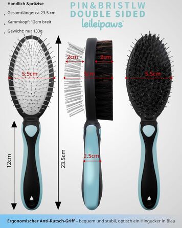Двостороння щітка для собак та котів – вичісувальний гребінь для довгої та короткої шерсті, металеві щетинки та натуральна щетина, ергономічна ручка TPR, м'який та ефективний догляд за шерстю (Синьо-Чорний)
