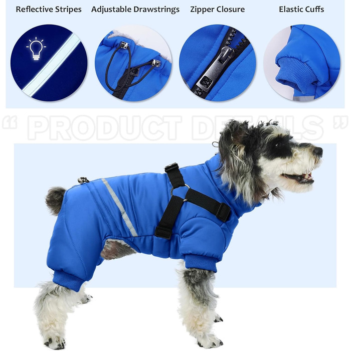 Водонепроникний теплий зимовий одяг для собак середніх порід - теплий комбінезон Onesie з шлейкою, зимова жилетка, теплий пуловер для собак з кільцями D (Синій, M)
