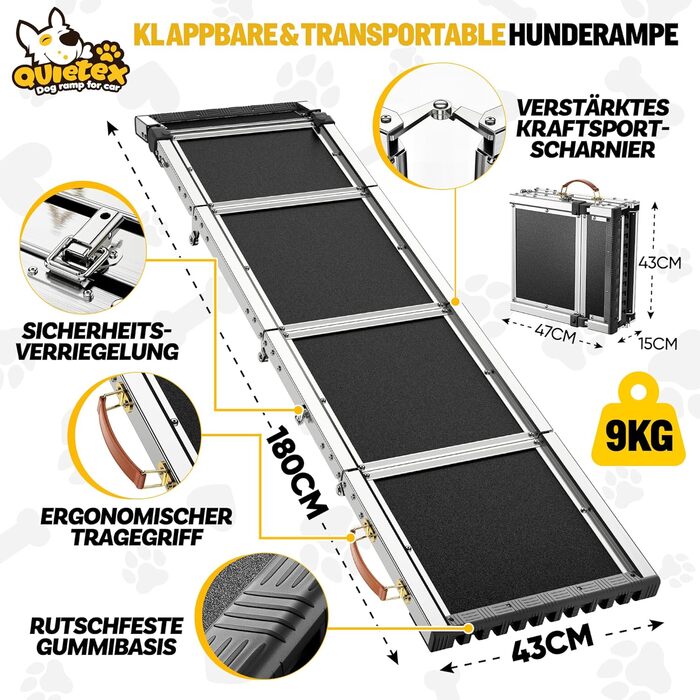 Рампа для собак у автомобіль, автоматичне складання, 170 см, чорна. Рампа для собак, вантажівок та SUV. Максимальне навантаження: 150 кг. Антиковзаюча поверхня.