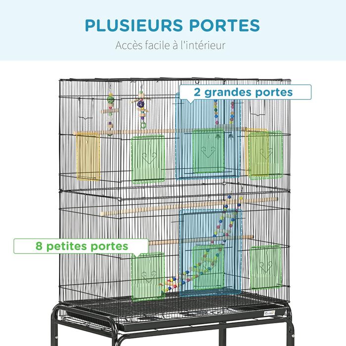 Клітка для птахів PawHut на колесах, з 4 годівницями та 3 сідалами, 79x49x133 см, чорна