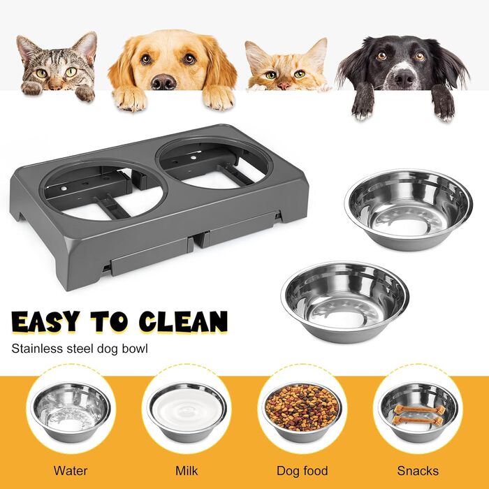 Підвищений годівниця для собак та котів, 2-в-1, 4 регульовані висоти, підставка Anti-Slip з нержавіючою чашею, сірий, 44 x 24 x 8 см