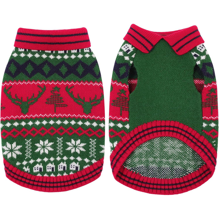 Світер для собак KONVINIT з різдвяним дизайном (олень, сніжинки, ялинка). Теплий різдвяний костюм для собак, зелений, XXL (71 см обхват грудей)