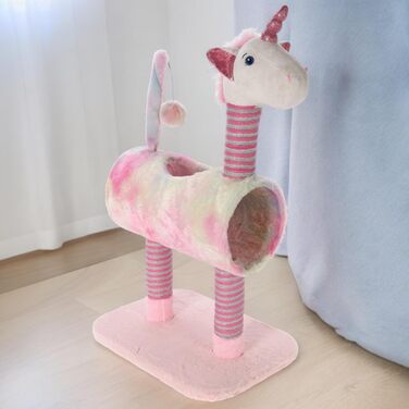 Драбинка для котів Mijoma з дизайном єдинорога, рожевий колір, 3 стовпчики з сизалю, іграшковий хвіст з помпоном, плюшева голова та тунель, 85x40x30 см – ідеально для гри та догляду