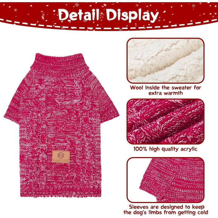 KOOLTAIL Пуловер з коміром-стійкою для собак, теплий зимовий одяг, червоний, розмір S/M