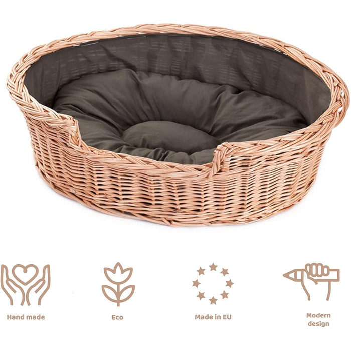 Плетений кошик для собак і котів з подушкою e-wicker24, натуральна лоза