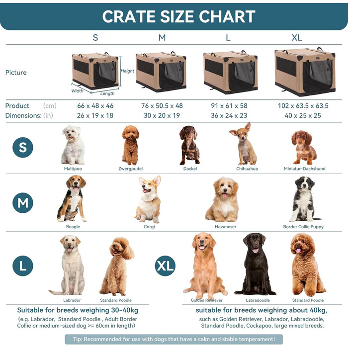 Транспортна переноска для собак Petsfit XL, складана, для дому, велика, середнього та малого розміру, з регульованим чохлом, легка у зберіганні, бежева