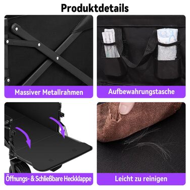 Візок для собак до 50 кг, розкладний, чорний - без даху. Візок-будка з безкамерними шинами для бездоріжжя, регульованою ручкою та заднім отвором для зручного завантаження. Підходить для великих та літніх собак, після операцій.