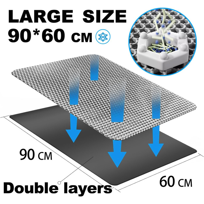 Килимок для котячого туалету 90x60 см, двошаровий, нековзний, з дизайном стільових сот, EVA матеріал, сірий