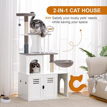 Snughome 2-в-1 сучасна котяча вежа з туалетом з дерева 140 см, когтеточка, гамак, велика платформа, сіра
