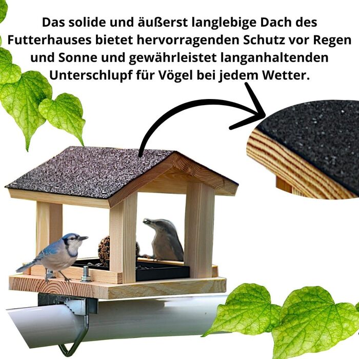 Годівниця для птахів на балкон Vogelfutterhaus, дерев'яна, ручна робота, для садових і диких птахів, з кріпленням на балкон, розмір 30-60 мм, натуральне дерево, стійка до погодних умов