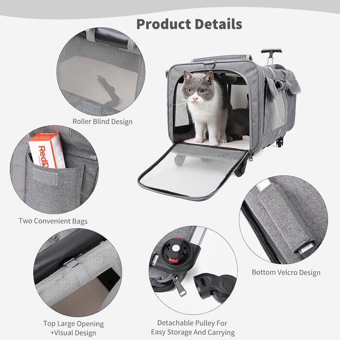 Транспортна сумка для котів PETCUTE з колесами, дихаюча переноска для 2 котів, складана переноска для собак з телескопічною ручкою, знімний килимок, ідеальна для подорожей, темно-сіра