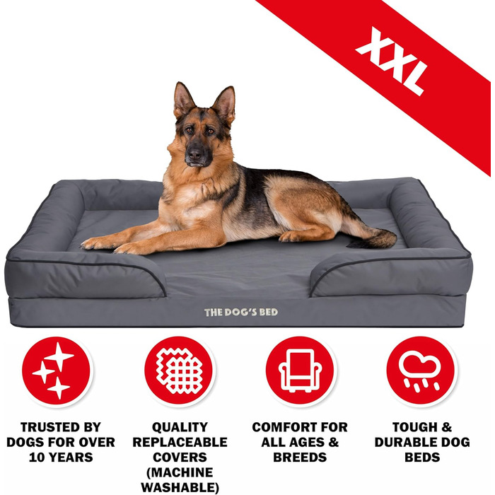 Ортопедичне ліжко для собак з ефектом пам'яті, водовідштовхувальне, велике, сіро-срібне, знімні чохли (XXL, сіре з чорним кантом)