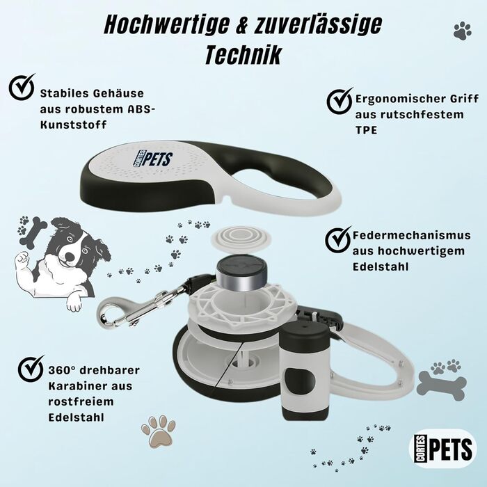 Висувна поводок для собак CORTESPETS® 5м - для малих та великих собак до 50 кг - високоякісна роликова поводок з зручним ручним захопленням (білий, L, 5м, до 50кг)