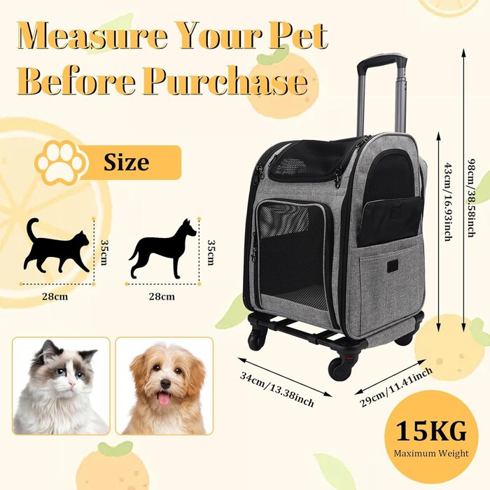 Транспортна переноска для котів та собак на колесах, 360° обертання, з кишенями, вантажний візок-рюкзак, портативна та дихаюча, для маленьких собак та середніх котів до 15 кг