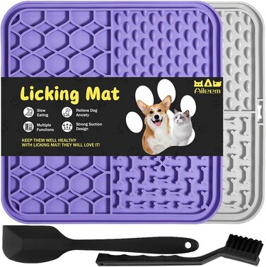 Килимок-лизун для собак та котів, 20 см, з міцними присосками для зняття тривоги та розваг, для купання та дресирування, лопатка та щітка, 2 шт. (фіолетовий та сірий)
