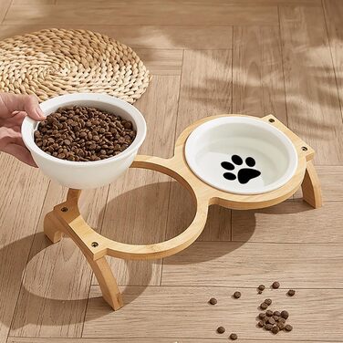 Набір мисок для котів та собак GmeDhc: 2 миски з кераміки на дерев'яній підставці