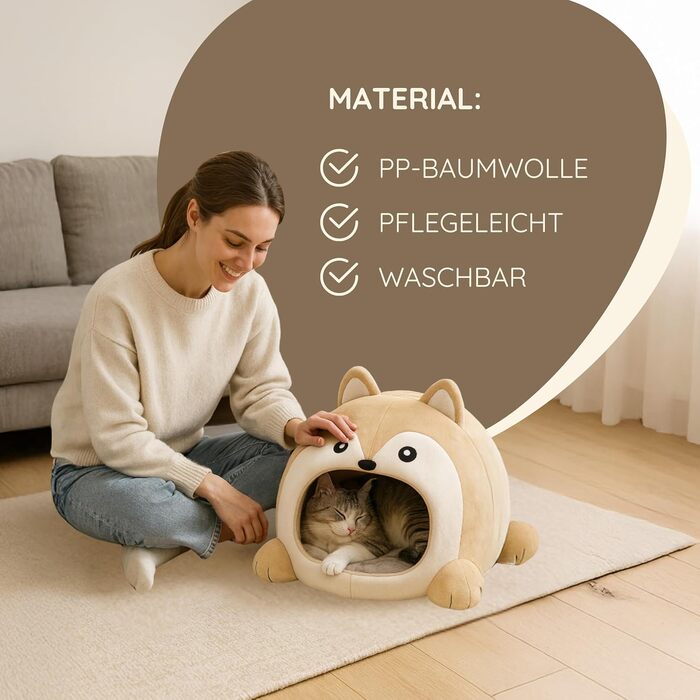 Будиночок для котів Designer Katzenhöhle (Бежевий, 44x41x34 см) – затишна печера-лігво з подушкою для кошенят та котів