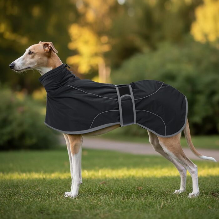 Водонепроникний теплий зимовий пуловер для грейхаундів та інших великих собак, чорний. Регульований, з відбиваючими елементами. Розмір XS (довжина спини 46-48 см).