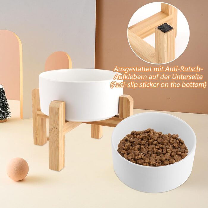 Набір керамічних мисок для собак Oungy 2 шт. з підставкою з бамбука, антиковзаючі, 850 мл, білі. Підходять для собак та котів