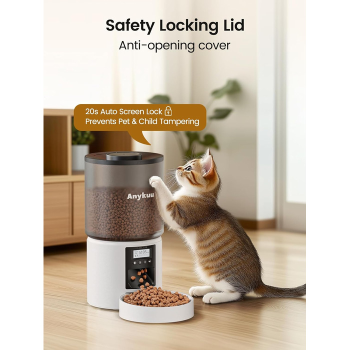 Автоматичний годівниця для котів та собак Anykuu 4L з таймером та контролем порцій. Автоматичний диспенсер для сухого корму з функцією запису (10с) для маленьких та середніх тварин, білий