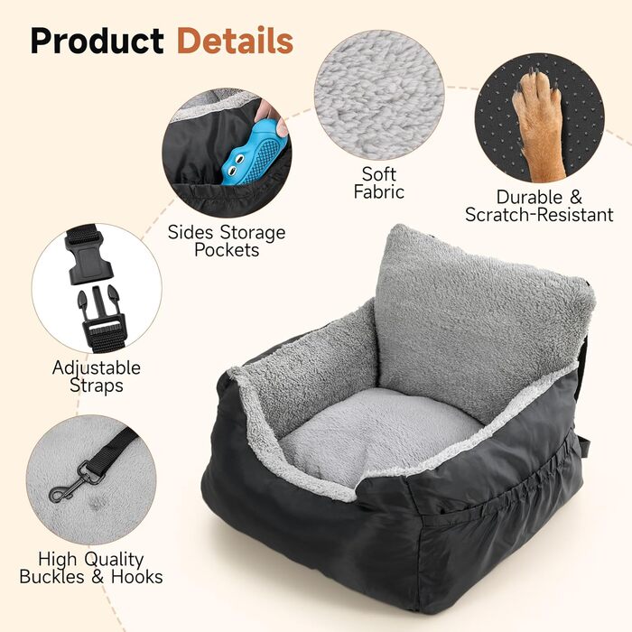 Зручний автокрісло для собак з кишенею, водонепроникне ліжко для подорожей з неслизьким дном, м'яке автоліжко для маленьких собак, 55 x 50 x 35 см, чорний