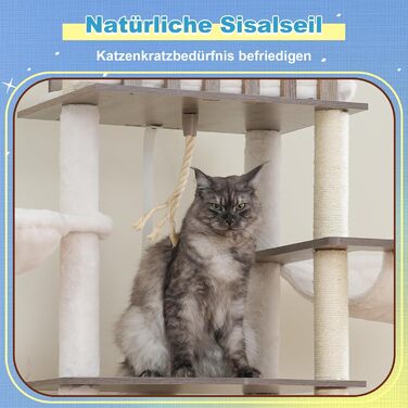 Дерев'яний кігтетопор Hey-brother Holz Kratzbaum 184см для великих котів, багатоярусний, зі стійкою платформою, кошиком, будиночком, щіткою та драбиною (Gris Vintage)