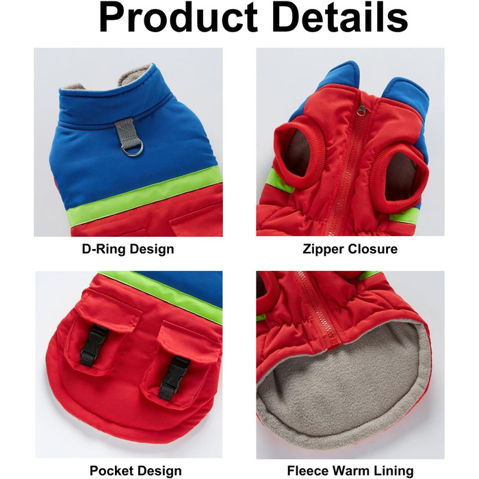 Зимовий теплий пуховик для собак з протекторними отворами, вітронепроникна куртка для холодної погоди, бавовна, костюм для цуценят, маленьких та середніх собак, розмір XL (S: Обхват грудей: 34 см/13.3 дюйма, Стиль 4: Червоний, Синій)