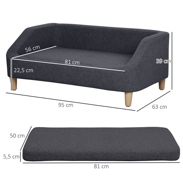 PawHut Dog Sofa Pet Диван для великих собак Піднесений дизайн з дерев'яними ніжками, темно-сірий, зручний і стильний