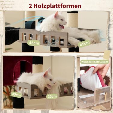 Котячий будиночок Kratzbaum: великий, з гамаком, 2 печери, 15 стовпчиків для дряпання (174см, чорний та червоний)