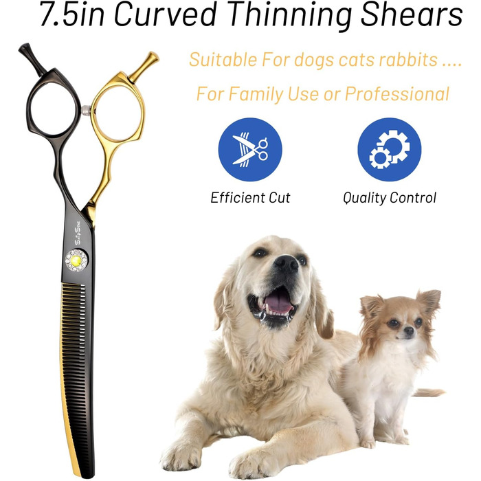 Професійна вигнута ножиця для грумінгу домашніх тварин 7.5 дюймів, 56 зубів, кут вигину 25°, золота, преміум-якість