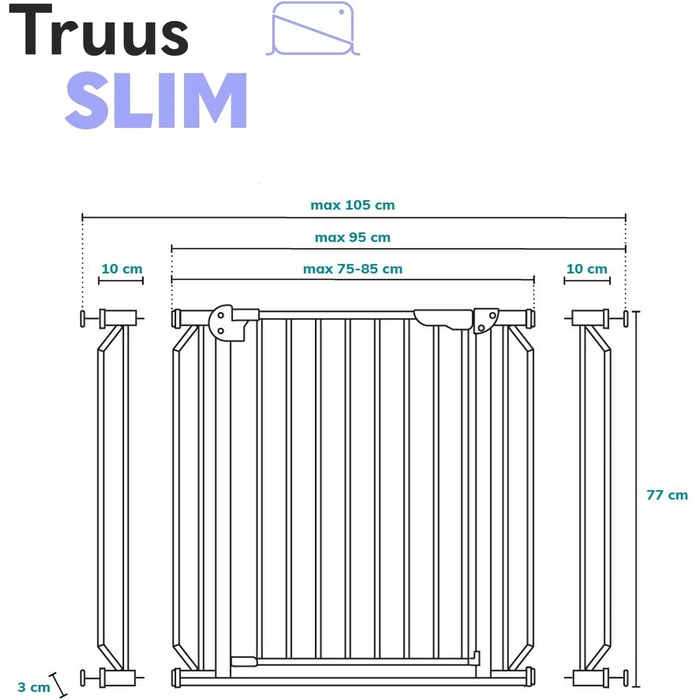 Безпечні ворота LIONELO Truus Slim, регульована ширина 75-105 см, висота 77 см, самозакривання, двостороннє відкривання, закруглені краї, монтаж без свердління