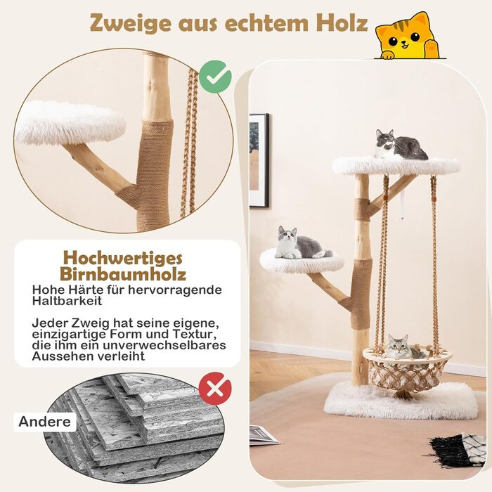 Дерев'яний кігтетопор Costway для котів з гамаком, мотузкою, натуральними гілками та платформою, 123 см