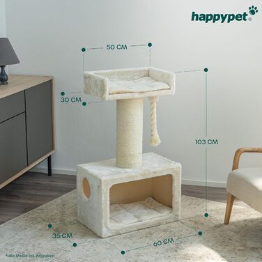 Котячий дряпак HAPPYPET Mick 103 см, преміум, для великих котів, 600г плюш, товстий стовп 18 см, велика лежанка, для мейн-кунів, колір капучино