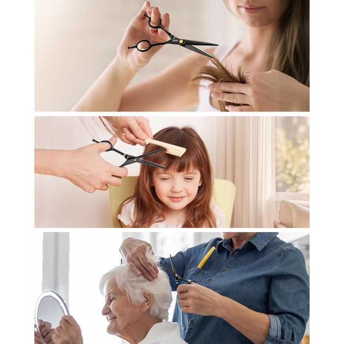 Професійний набір для стрижки волосся ULG - професійні барберські ножиці 16,5 см з японської нержавіючої сталі, витончуюча ножиця, гребінець, затискачі та етилуі - для чоловіків, жінок, дітей, чорний