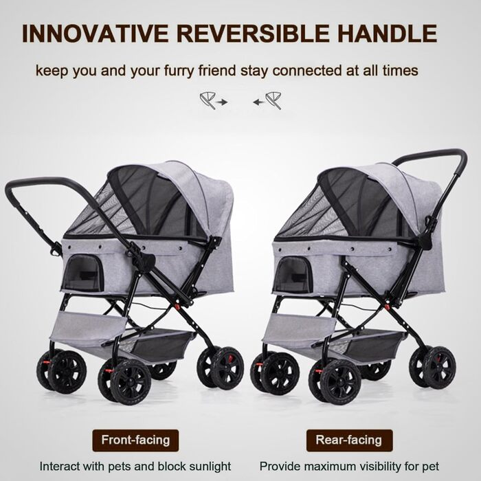 Візок для тварин, візок для собак та котів до 20 кг, чорний. Зручний, з поворотними колесами, кошиком для зберігання та гальмом. Легко складається.