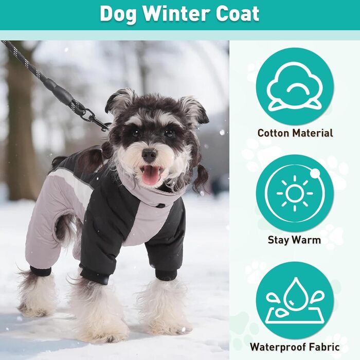 Зимовий теплий куртка для собак, водонепроникний комбінезон на 4 лапи з D-початком та світловідбиваючими смугами (Чорний/Сірий, M)