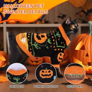 Пуловер на Halloween для собак та котів, з мотивом гарбуза та черепа, трикотажний, для маленьких, середніх та великих собак, Yorkie, Chihuahua, Zwergspitz, розмір L