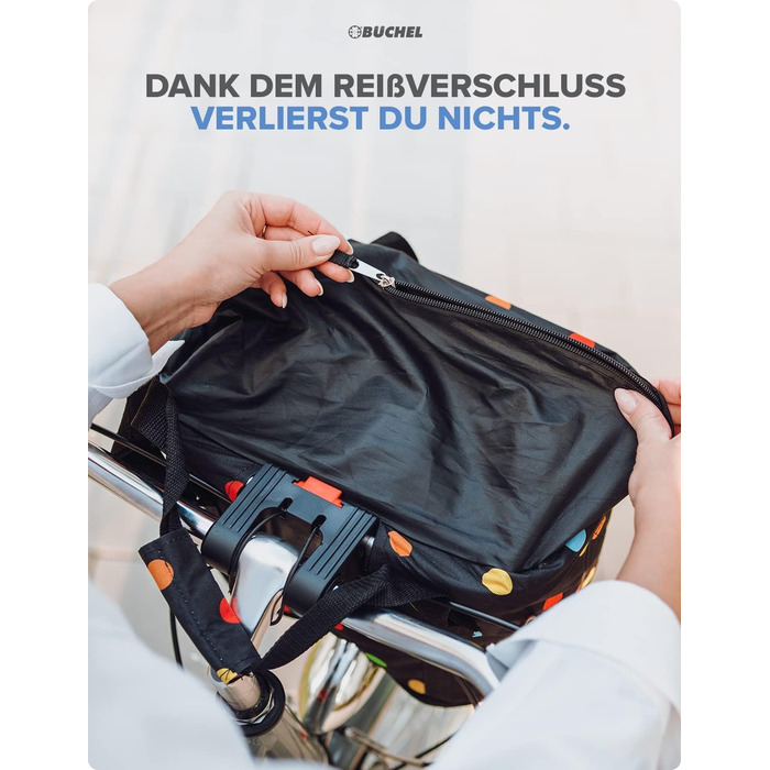 Фарбований кошик для велосипеда BÜCHEL | Кошик-сумка для покупок | Складаний | З експрес-кріпленням для швидкого встановлення та зняття | Чорний з кольоровими крапками