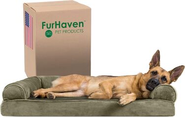 Ліжко для собак XL Furhaven з піною Memory Foam, велюрове та штучне хутро, диван-стиль, знімний та праний чохол, темно-зелене