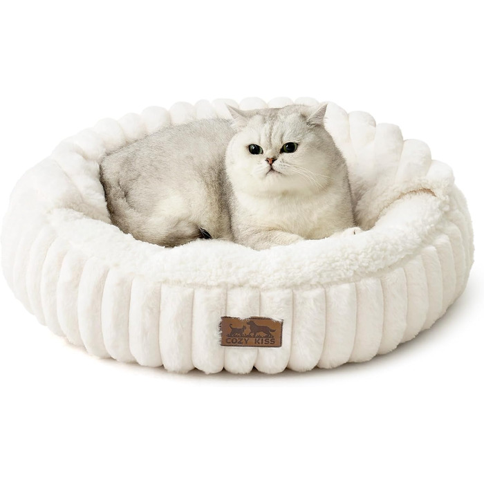 Зимове ліжко для котів з ковдрою, м'яке ліжко-пончик для собак та котів, тепла затишна печерка з підтримкою голови та шиї, штучне хутро, можна прати (кремовий, 58x58x15 см)