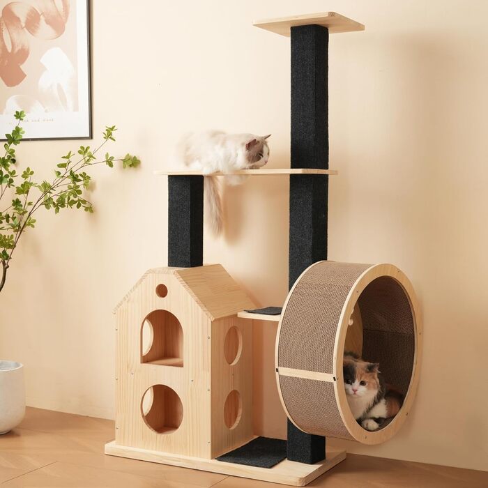 Кігтеточка для котів CareCooo 135 см з 12 стержнів, стабільна, з будиночком, сизаль, захист від перекидання, водонепроникна, для великих котів, коричнево-біла (Натуральний + Чорний + Дерево, XL)