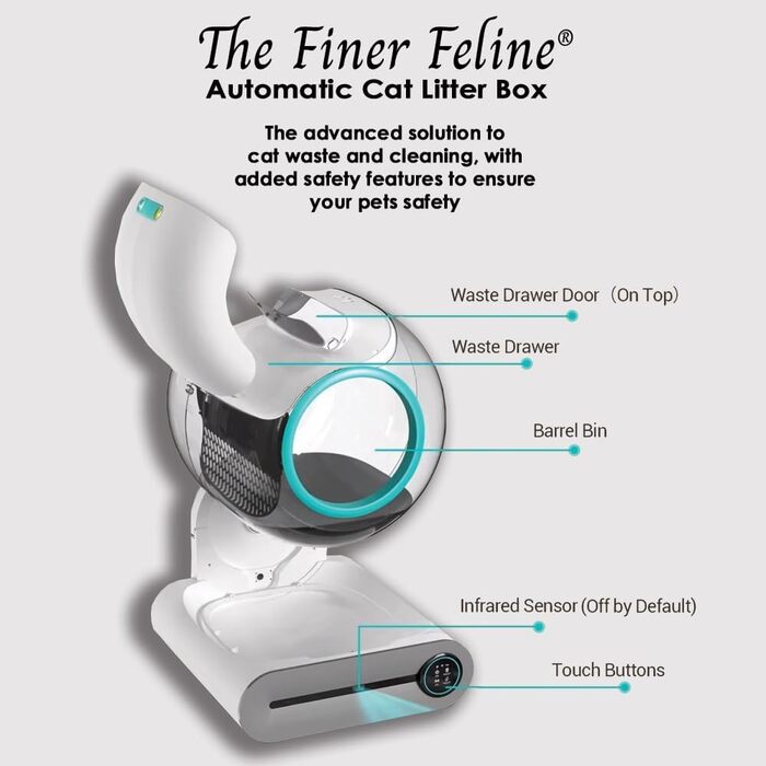 Автоматичний туалет для котів The Finer Feline з Wi-Fi і сенсорним керуванням, 65 л, 9 л контейнер для відходів, безпечний для кошенят, до 15 днів без заміни пакета, інтелектуальний