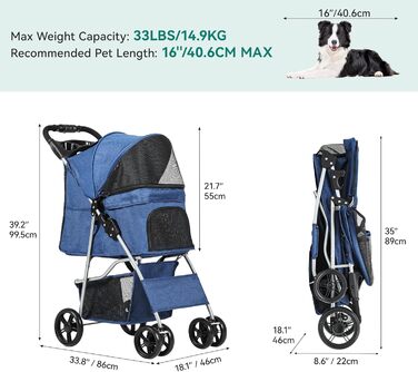 Візок для собак YITAHOME, блакитний, середніх порід, з кошиком для зберігання та тримачем для напоїв, складаний