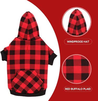Пуловер для собак, червоний, в клітинку Buffalo Plaid, теплий та м'який, дихаючий, зручний, з капюшоном, для великих собак, з кишенею (XXL)