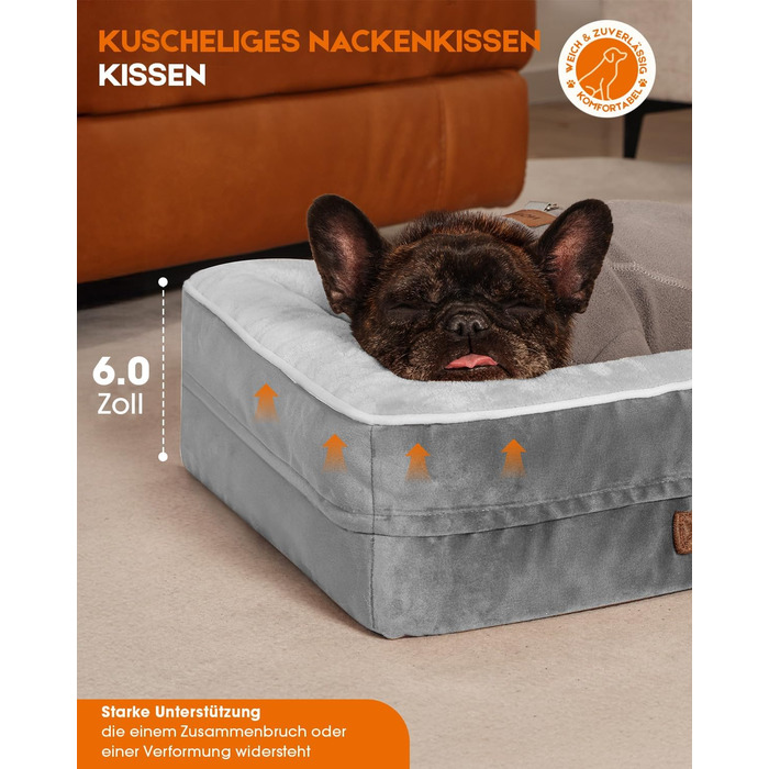 Ортопедичне ліжко для собак середніх порід, корзина для собак, що стирається, з яєцеподібною піною, водонепроникний диван для собак з неслизьким дном та чотиристоронні подушки (світло-сірий, 61x46x15см)