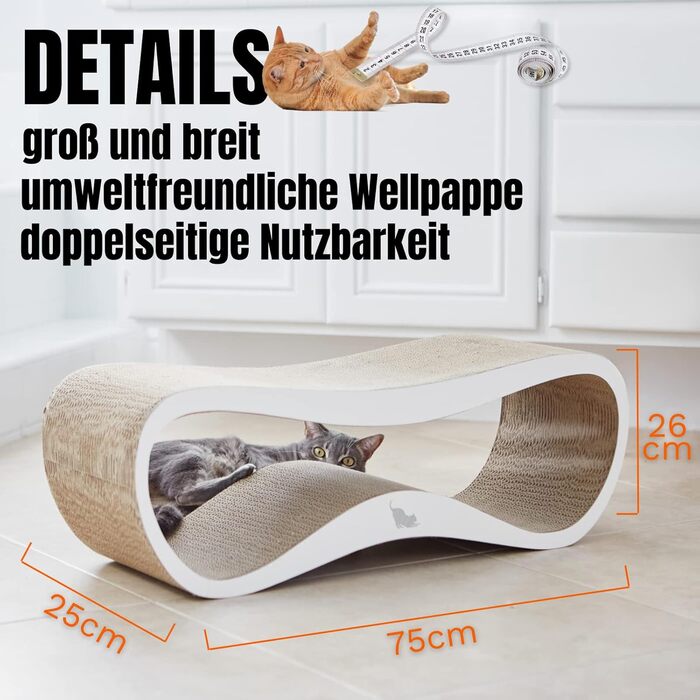 myKotty LUI Дизайнерський картонний кігтеточка для котів, білий, 75x25x26 см – екологічний, безпечний, для ігор, відпочинку та захисту меблів