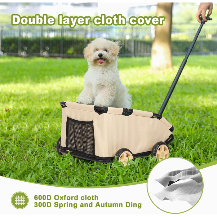 Міні-візок для тварин, складаний універсальний візок для покупок з висувною ручкою, для прогулянок на вулиці, з подушкою та страхувальним тросом, з кишенькою (Хакі)