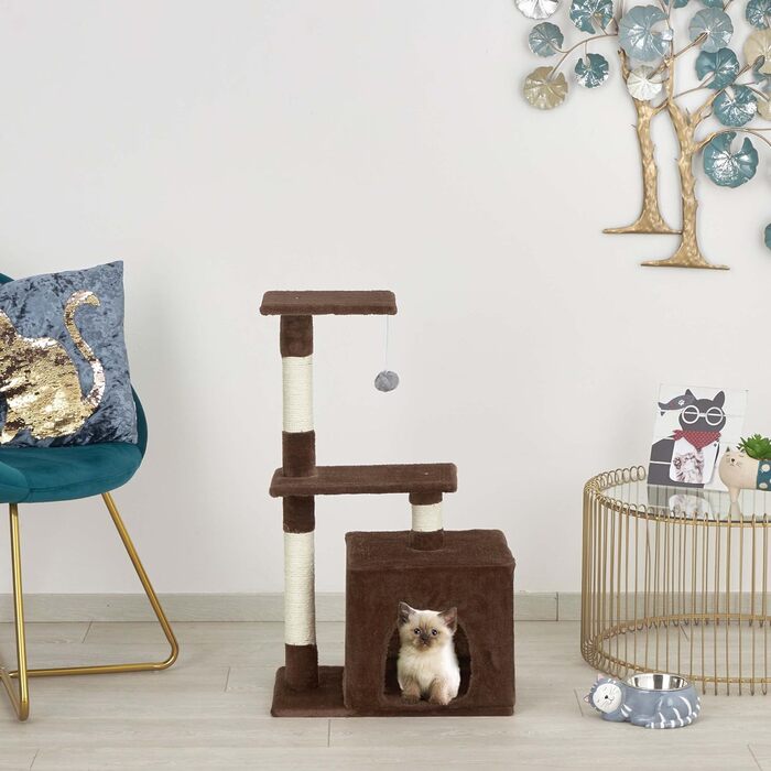 Baroni Home Когтеточка для котів, двоярусна, з іграшкою і домиком, 45x30x78 см, коричнева