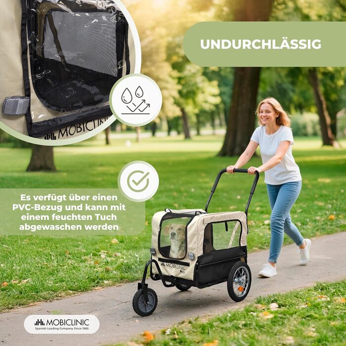 Mobiclinic® Причіп для собак на велосипед + візок для собак 2 в 1, до 40 кг, водовідштовхувальний тент, 123x67x100 см, відбивачі та прапорці, 600D Oxford, для маленьких та середніх собак
